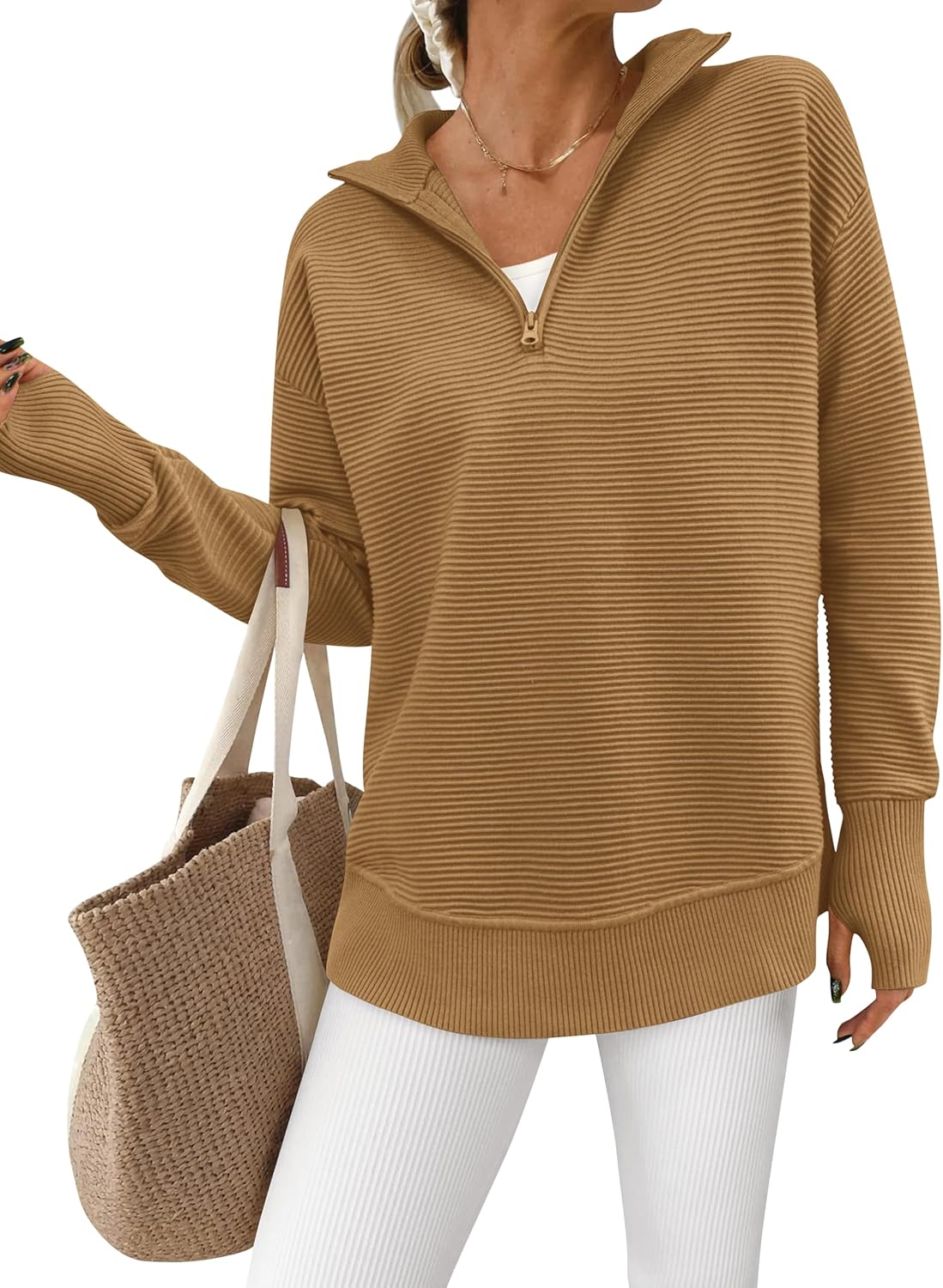 PRETTYGARDEN Womens Long Sleeve Quarter Zip Pullover Sweater Casual Loose V Neck...