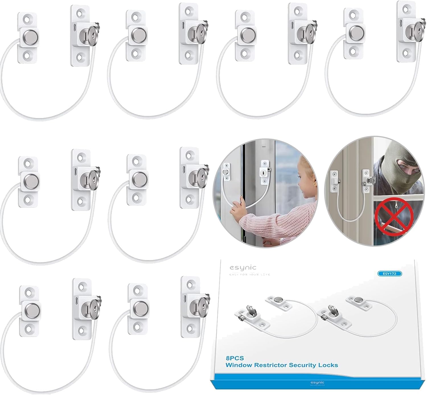 eSynic 8Pack Durable Window Locks Child Safety 185mm/7.3 Inch Wire Long Window R...