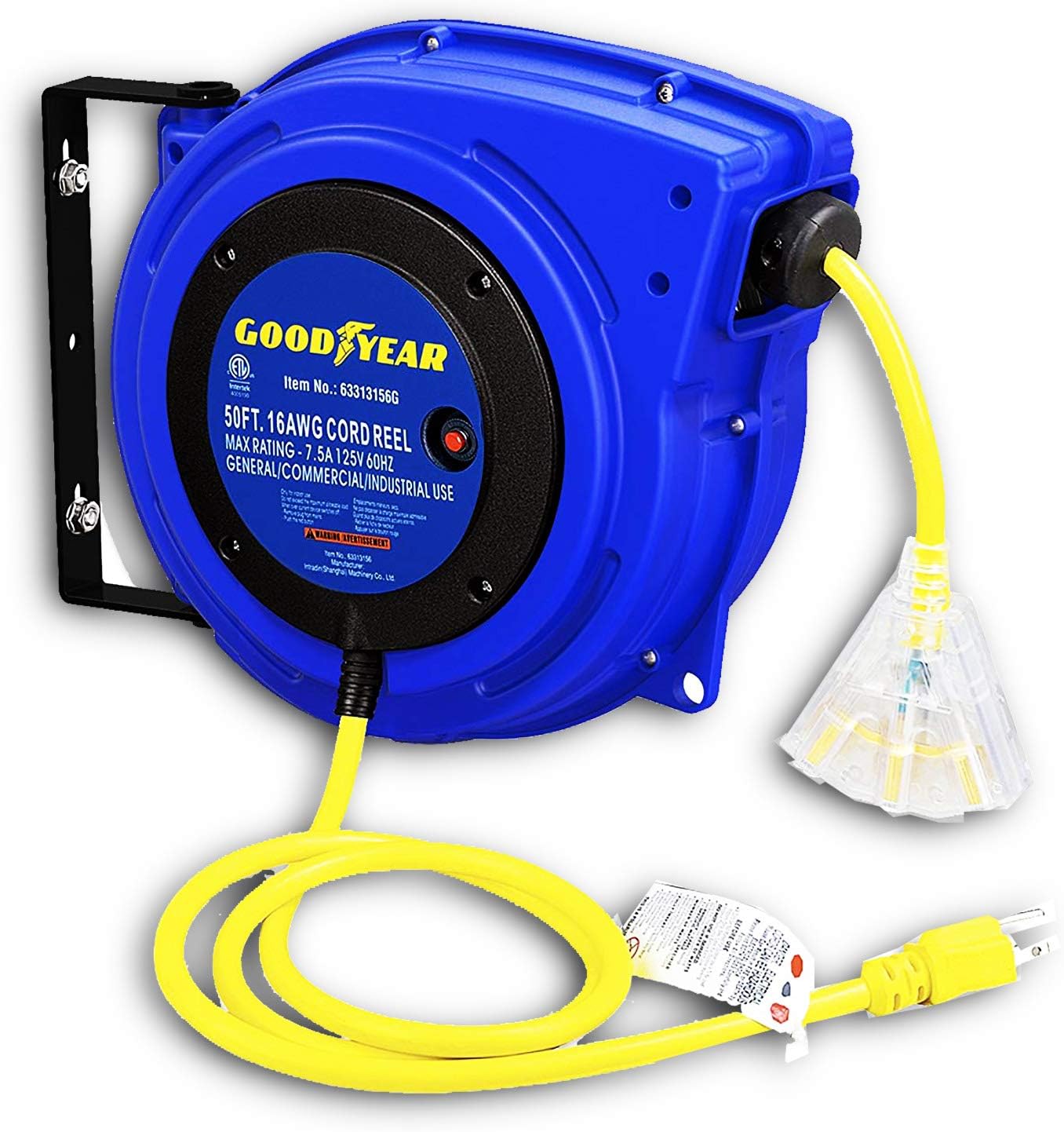 Goodyear Extension Cord Reel Retractable 16AWG x 50' Foot 3C/SJTOW Commercial Ca...