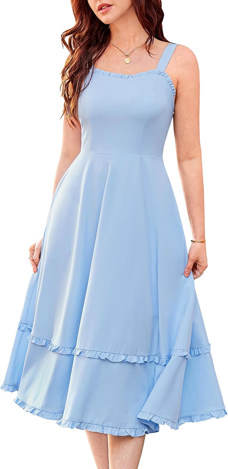 Belle Poque Women Summer Dresses 2025 Square Neck Spaghetti Strap Midi Dress Bea...