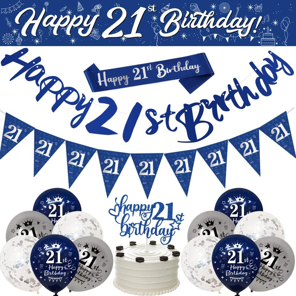 21st Birthday Decorations Blue Silver,21st Birthday Banners for Boy Men, Happy 2...