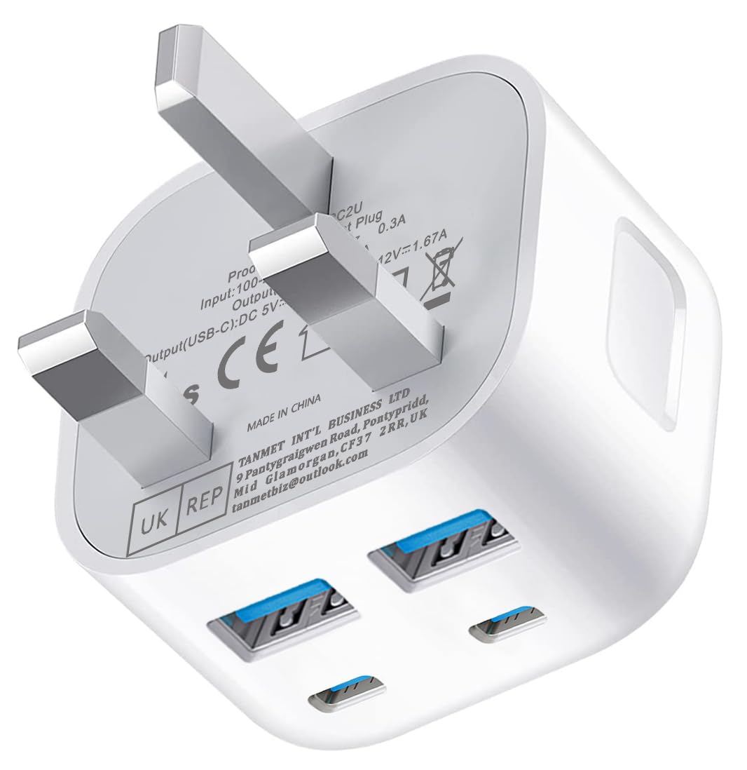 40W USB C Plug Fast Charge, UK 4-Port Multi USB Charger Plug Fast Charging Plug...
