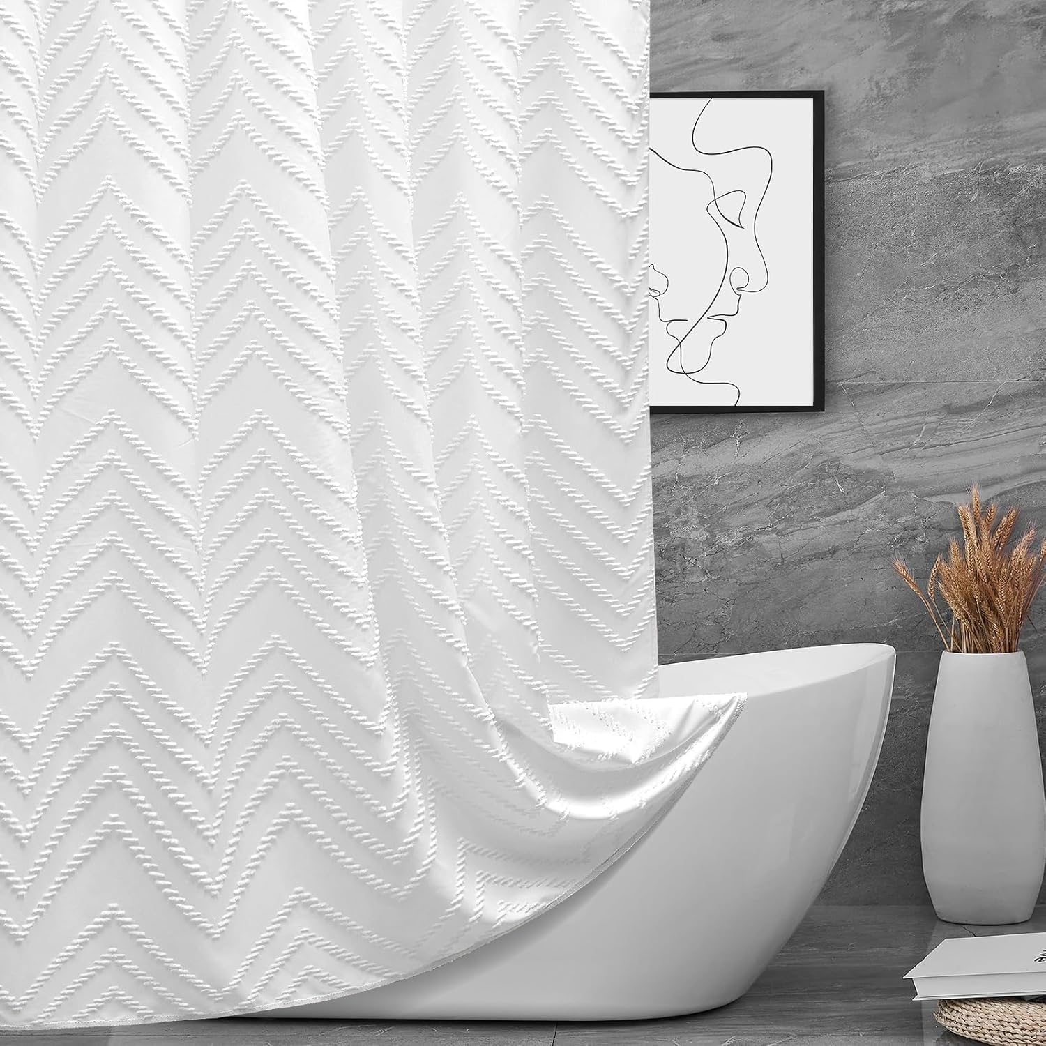 White Boho Fabric Shower Curtain 72 x 72 Inches, Modern Shabby Chic Textured Tuf...