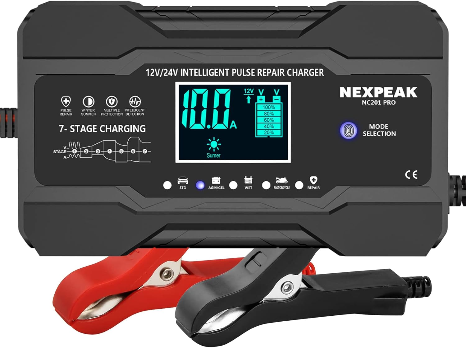 NEXPEAK 10-Amp Car Battery Charger, 12V and 24V Sm...
