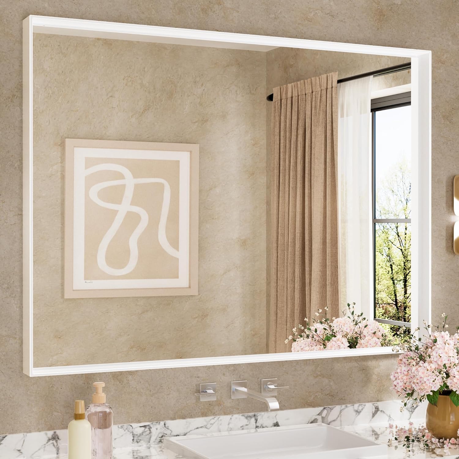 Keonjinn 48” x 36” White Bathroom Vanity Mirror Metal Framed Large Bathroom Mirr...