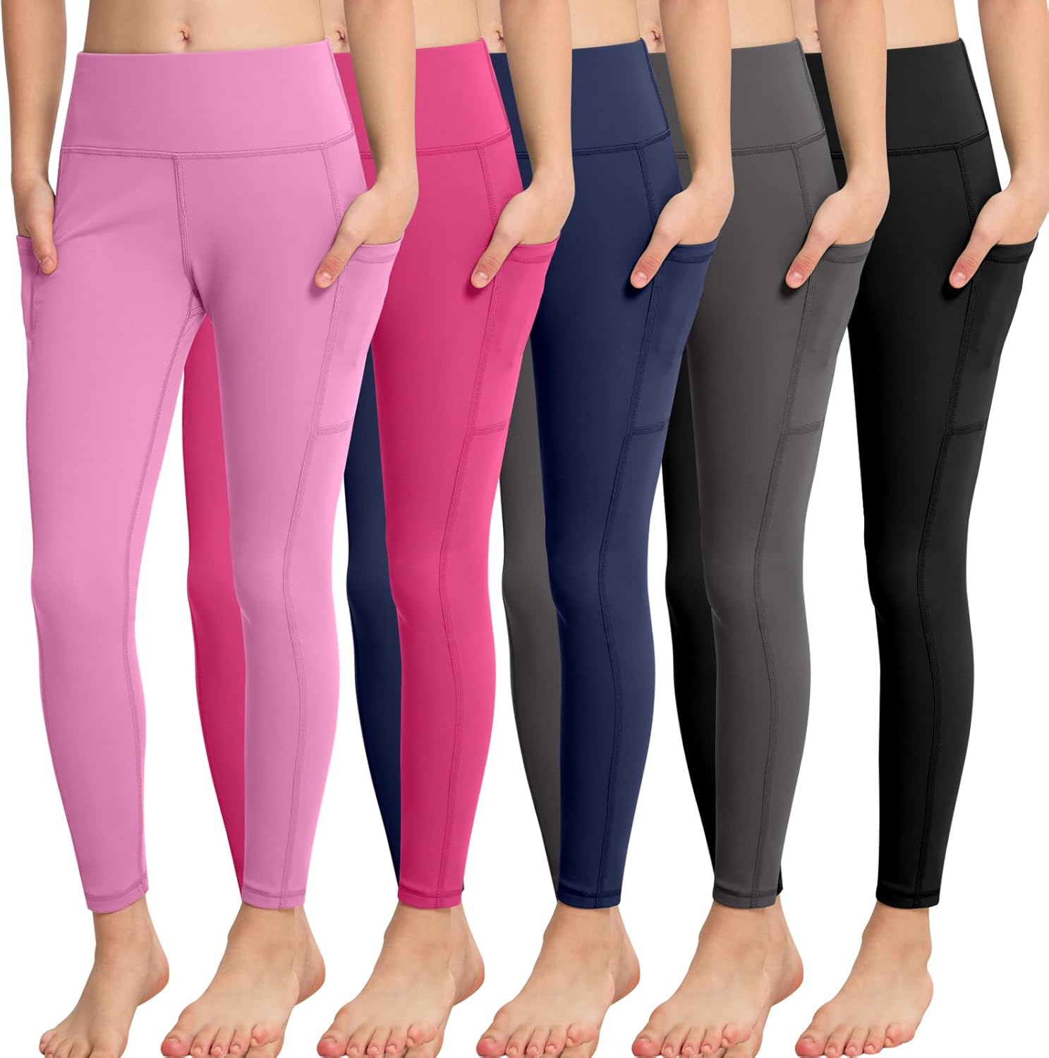 CHRLEISURE Girls' Athletic Leggings with Pockets, 5 Packs Kids Teen Dance Yoga W...