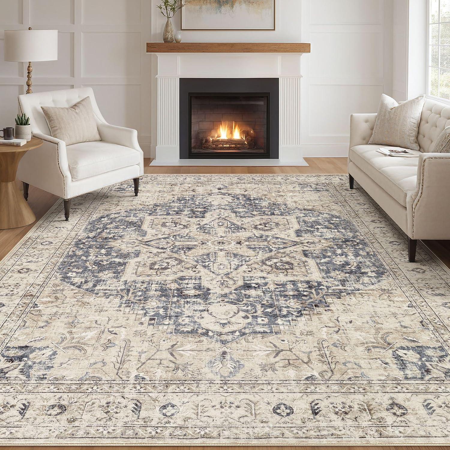 Area Rug for Living Room - 9x12 Washable Boho Vintage Oriental Distressed Farmho...
