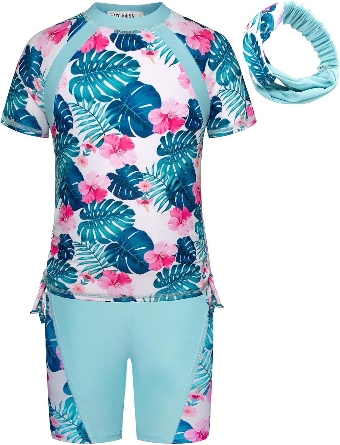 GRACE KARIN Girls Rash Guard Swimsuit Short Sleeve Two Piece Bathing Suit 6-12Y