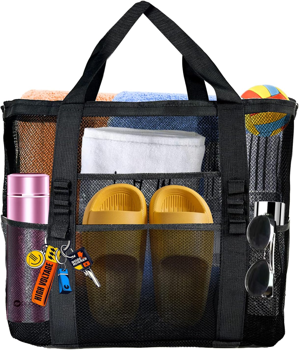 Extra Large Mesh Tote - Lightweight Beach Bag with 9 Pockets, Beach Essentials B...
