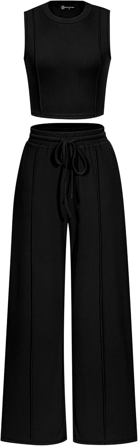 PRETTYGARDEN Women's Summer 2 Piece Loungewear Set Cropped Tank Top Wide Leg Swe...