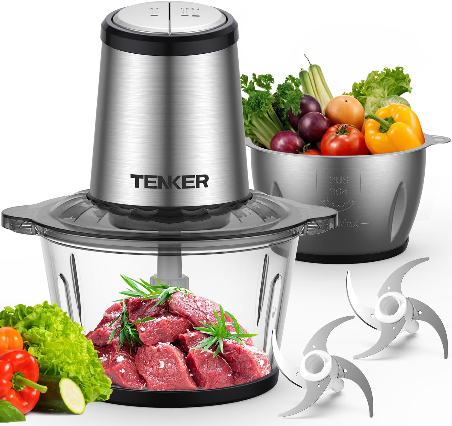 TENKER Food Processor, Electric Food Chopper with 2 Bowls (2L+2L), 2 Sets Blades...