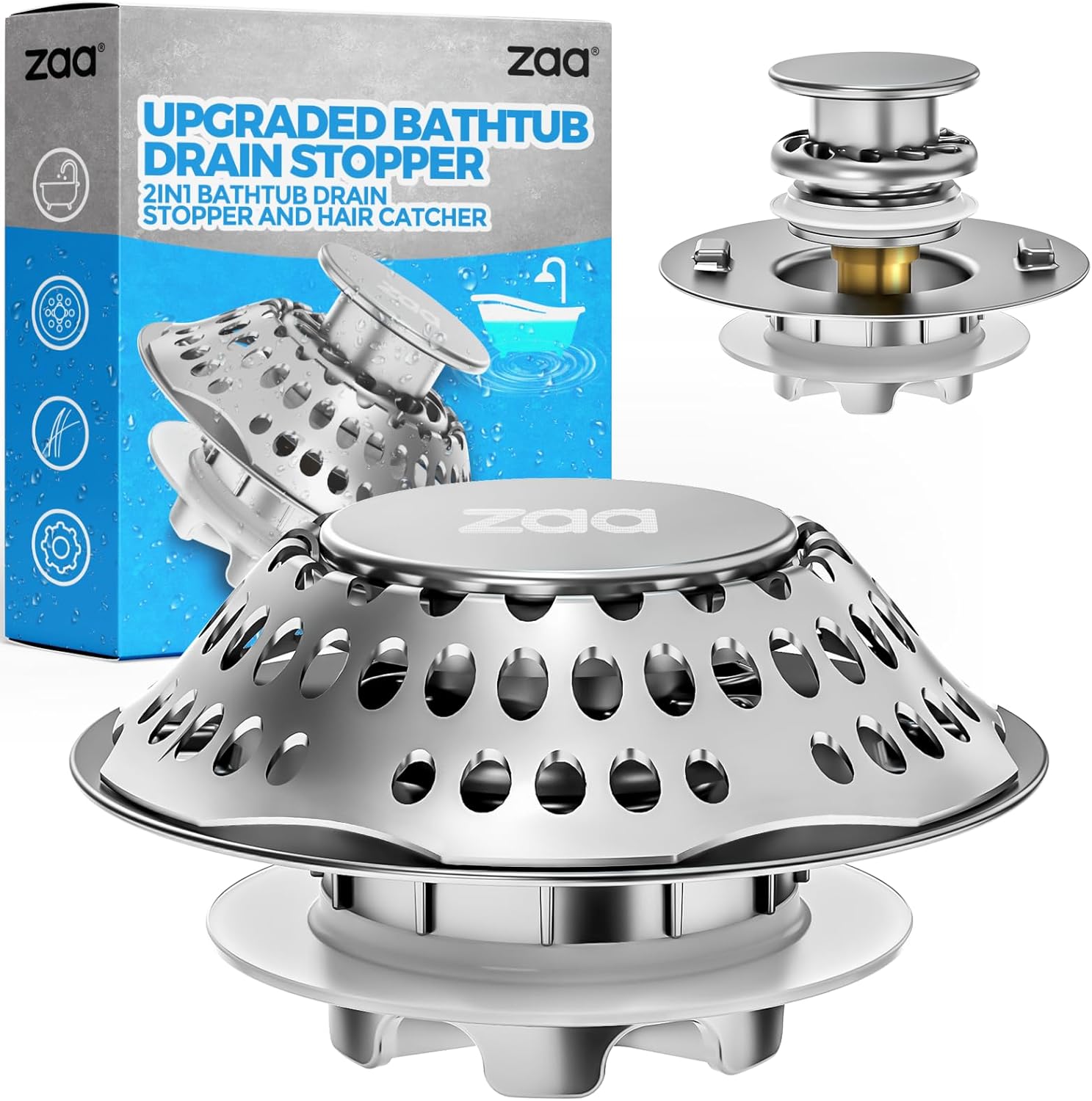 zaa Bathtub Drain Stopper, Upgraded 2in1 Tub Stopper Bathtub Drain Cover and Hai...
