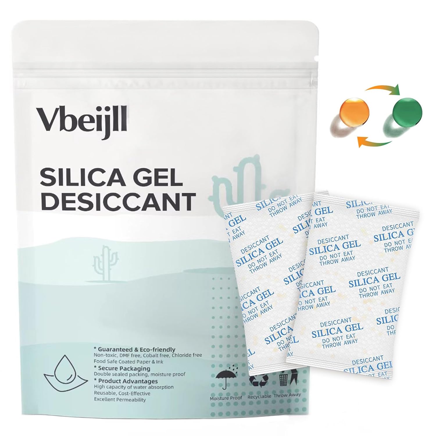 5 Gram (50 Pack) Color-Indicating Silica Gel Packets, Premium Food Grade Desicca...