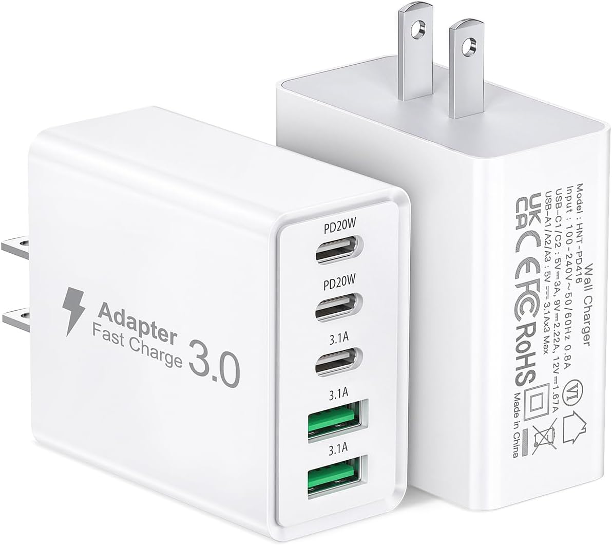 2Pack USB C Fast Charger Block,50W 5-Port USB C Wall Charger Brick,2 USB A & 3 U...