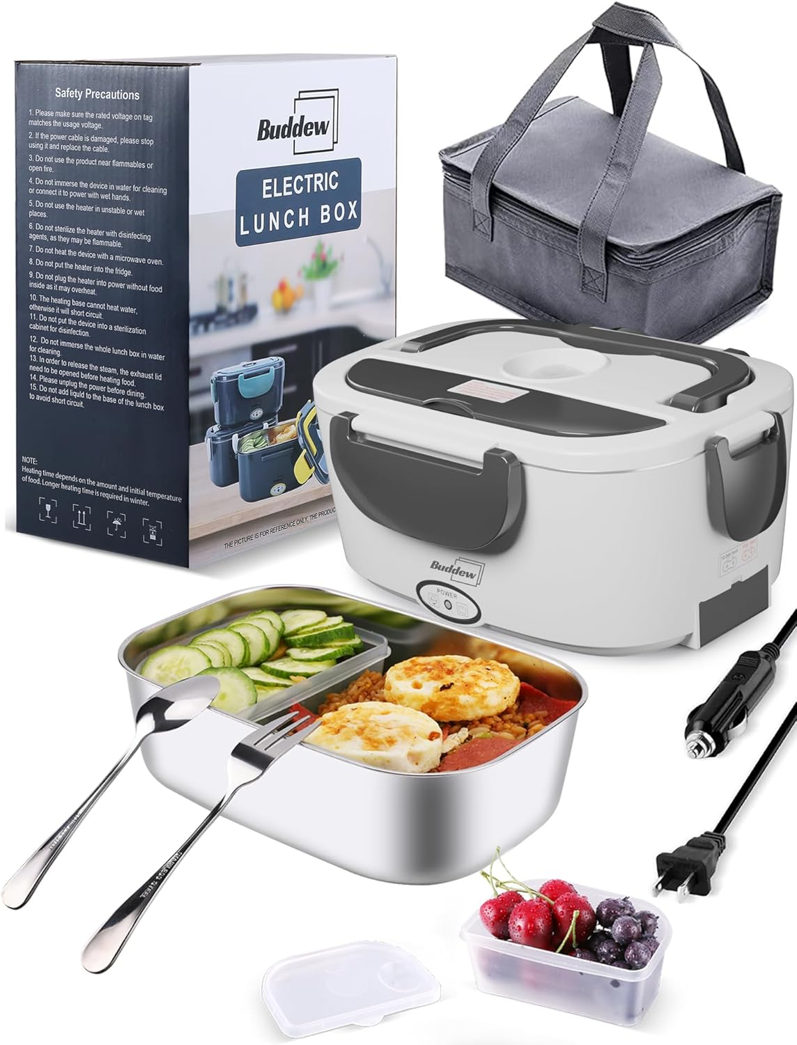 Buddew Electric Lunch Box 80W Food Heater 3 in 1 12/24/110-230V Portable Lunch W...