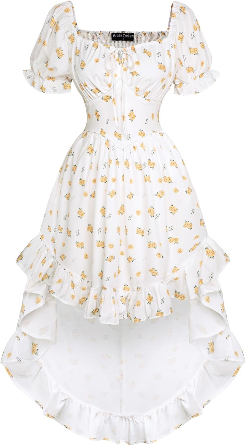 Scarlet Darkness Women Summer Cottagecore Dress Floral Print Corset Puff Sleeve...