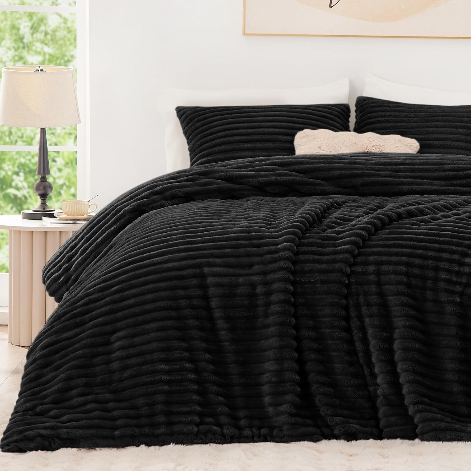 EXQ Home Fluffy Comforter Set Queen Size - Super Soft Faux Fur Stripe Jacquard C...