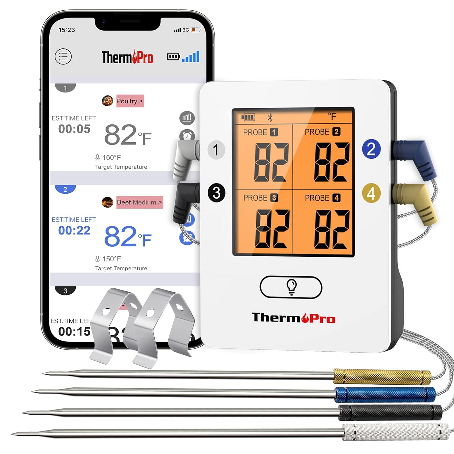 ThermoPro TP25 650FT Wireless Meat Thermometer with 4 Probes, Bluetooth Meat The...