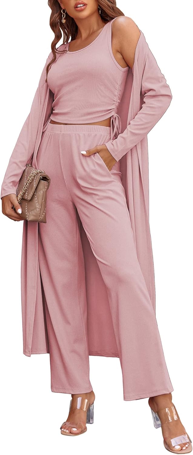 Ekouaer Women's 3 Piece Knit Lounge Set Pajama Long Sleeve Cardigan Sleeveless T...