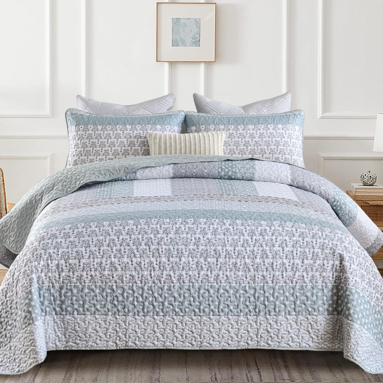 WONGS BEDDING Green Quilt Set, Special Bohemian Stripe Quilt for Queen Size Bed,...