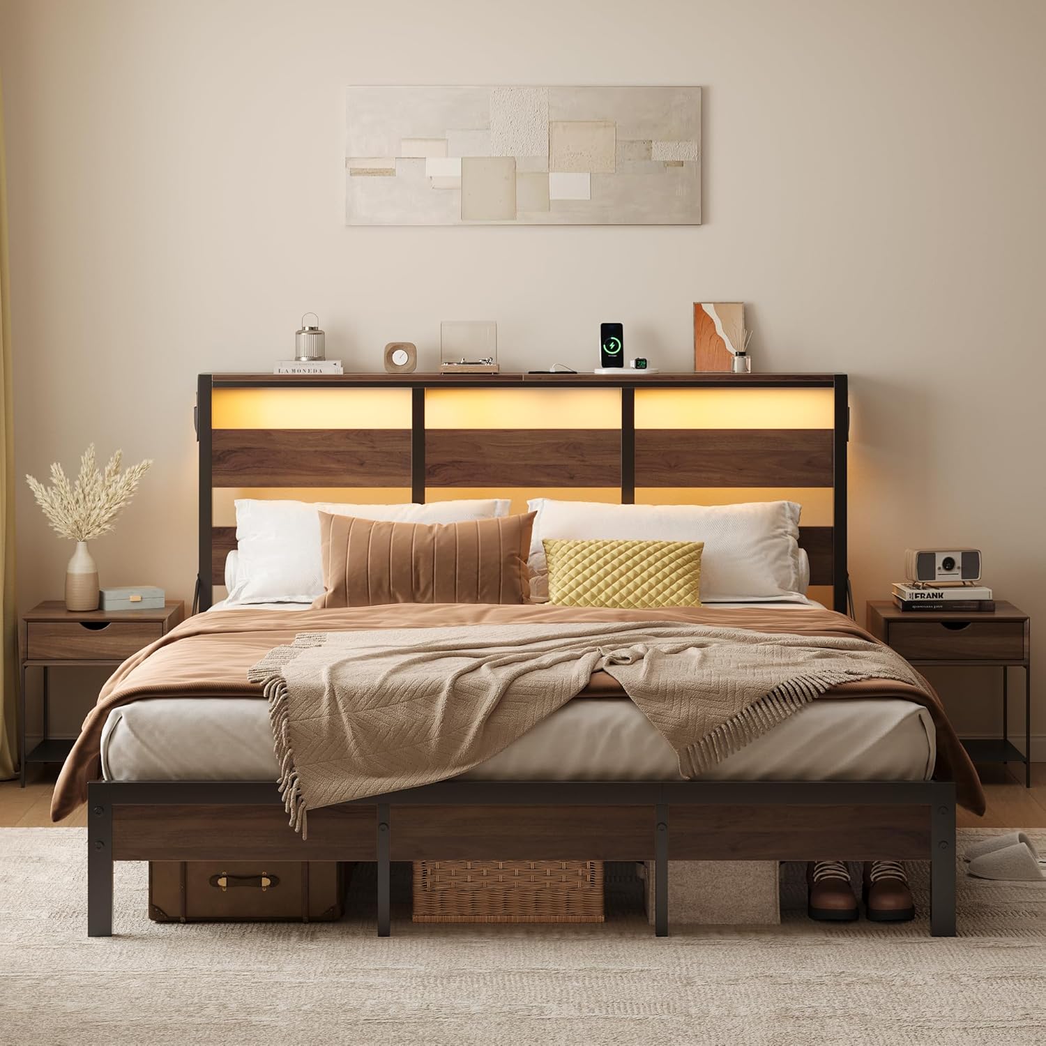 Bestier Full Bed Frame with Headboard Storage and Charging Station, Walnut Platf...