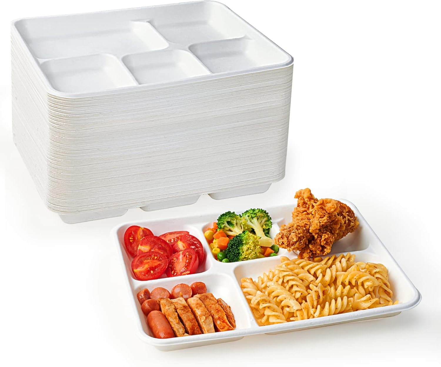 ECOLipak 100% Compostable 5 Compartment Plates, 125 Pack Disposable Paper Plates...