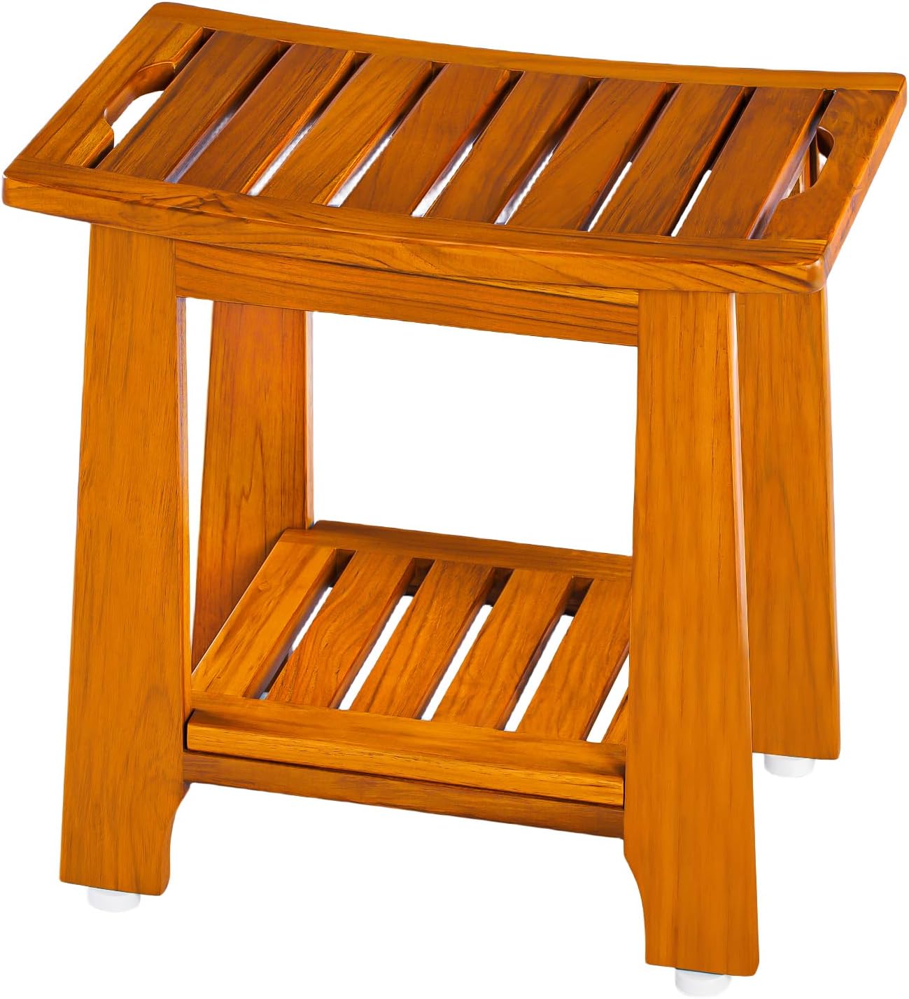 NNN 14" Compact Teak Shower Stool with Shelf & Handle - Waterproof, Non-Slip Bat...