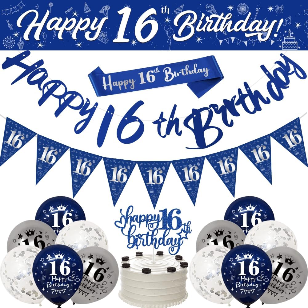 16th Birthday Decorations For Boys,16th Birthday Banners Navy Blue Silver for Hi...