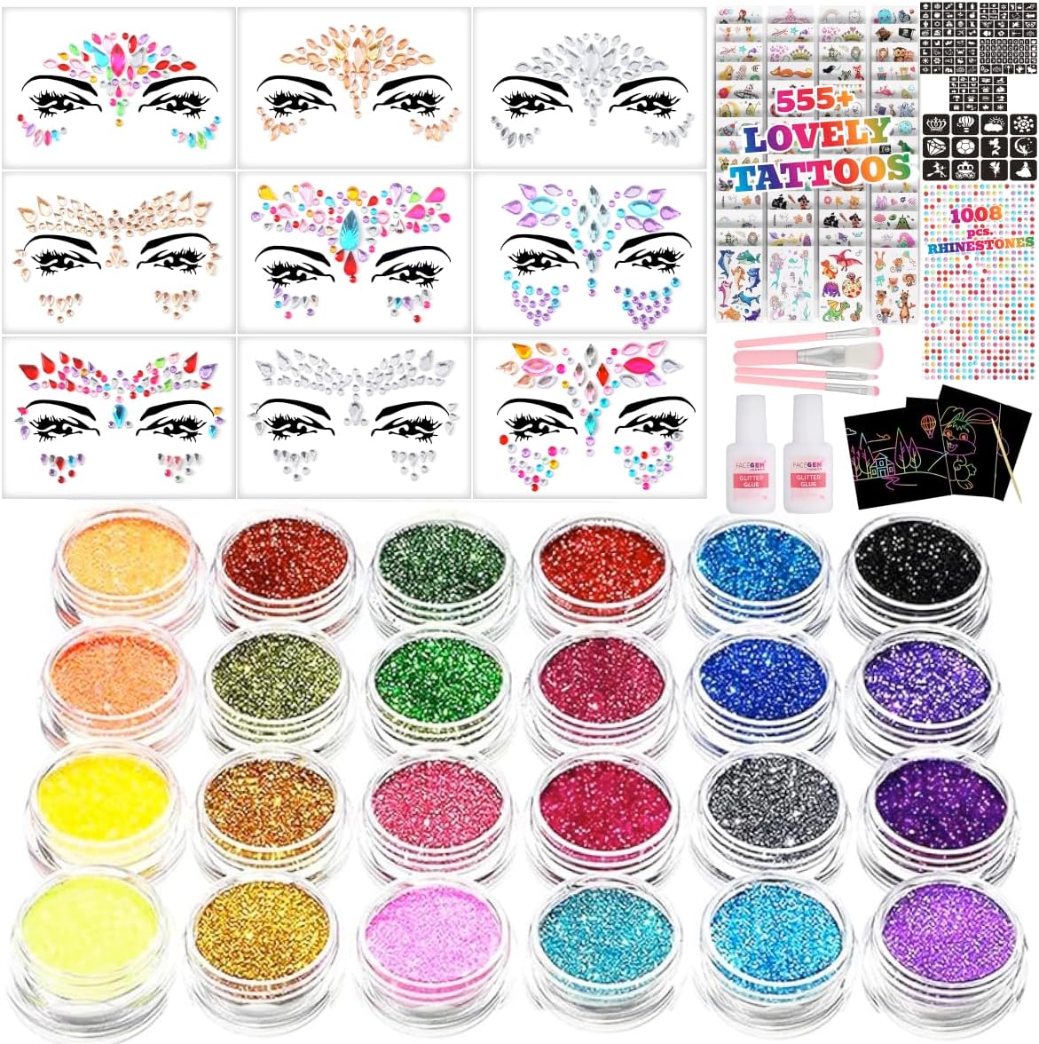Glitter Tattoos for kids, Glitter tattoo kit, Face Gems, Rhinestones, Temporary...