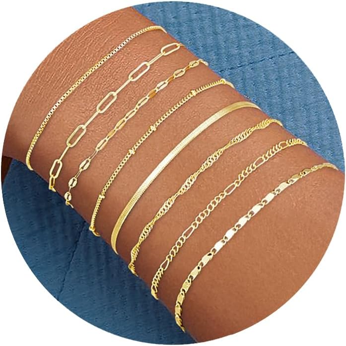 Gold Bracelets Set for Women Trendy, 14K Real Gold Plated Jewelry for Women Dain...