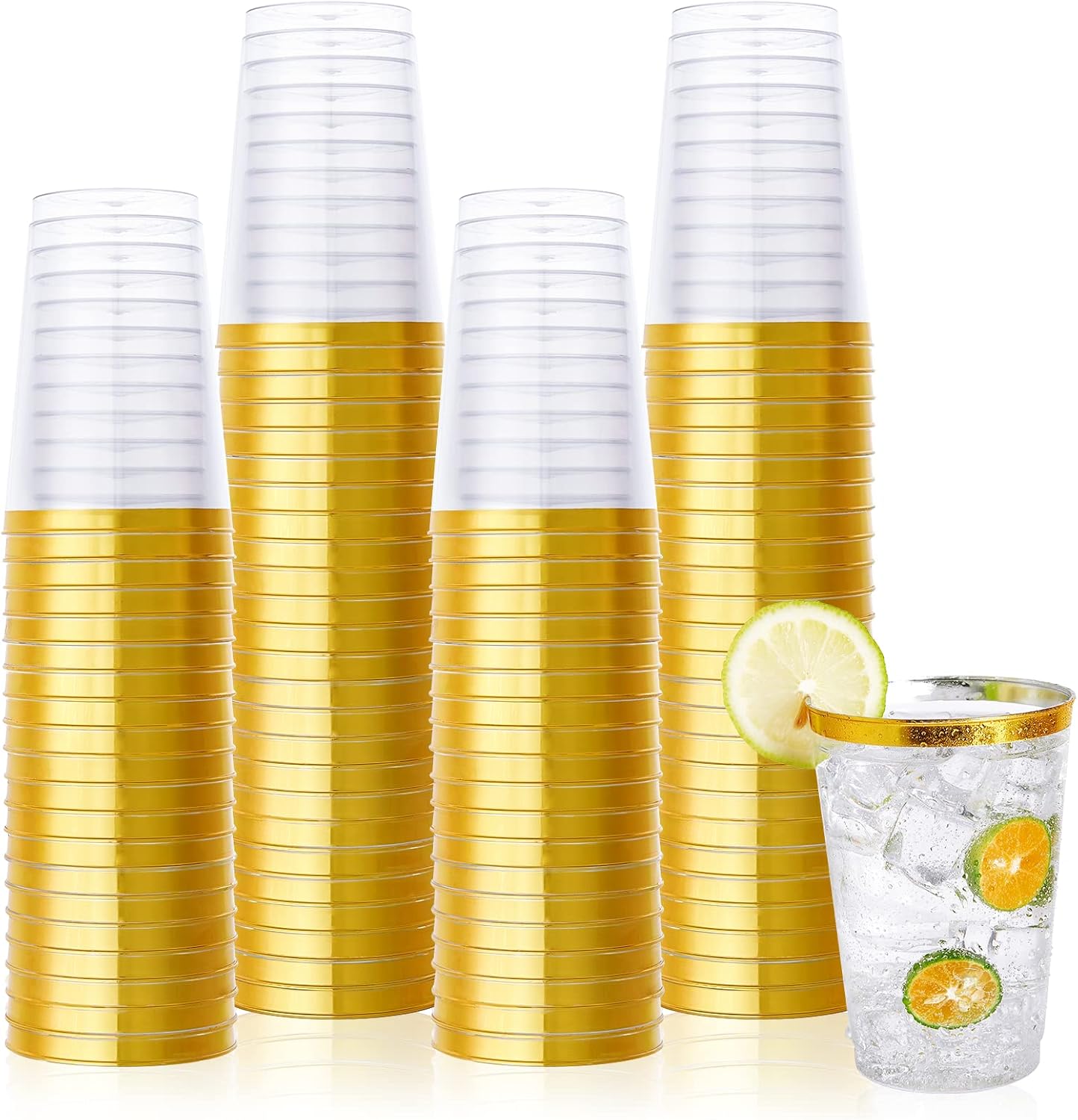 Vplus 150 Pack 12 OZ Reusable Gold Rimmed Clear Plastic Cups, Disposable Heavy D...