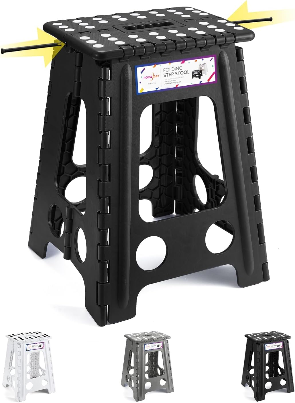 HOUSE DAY 17 inch Tall Folding Step Stool for Adult - Large Heavy Duty Plastic F...