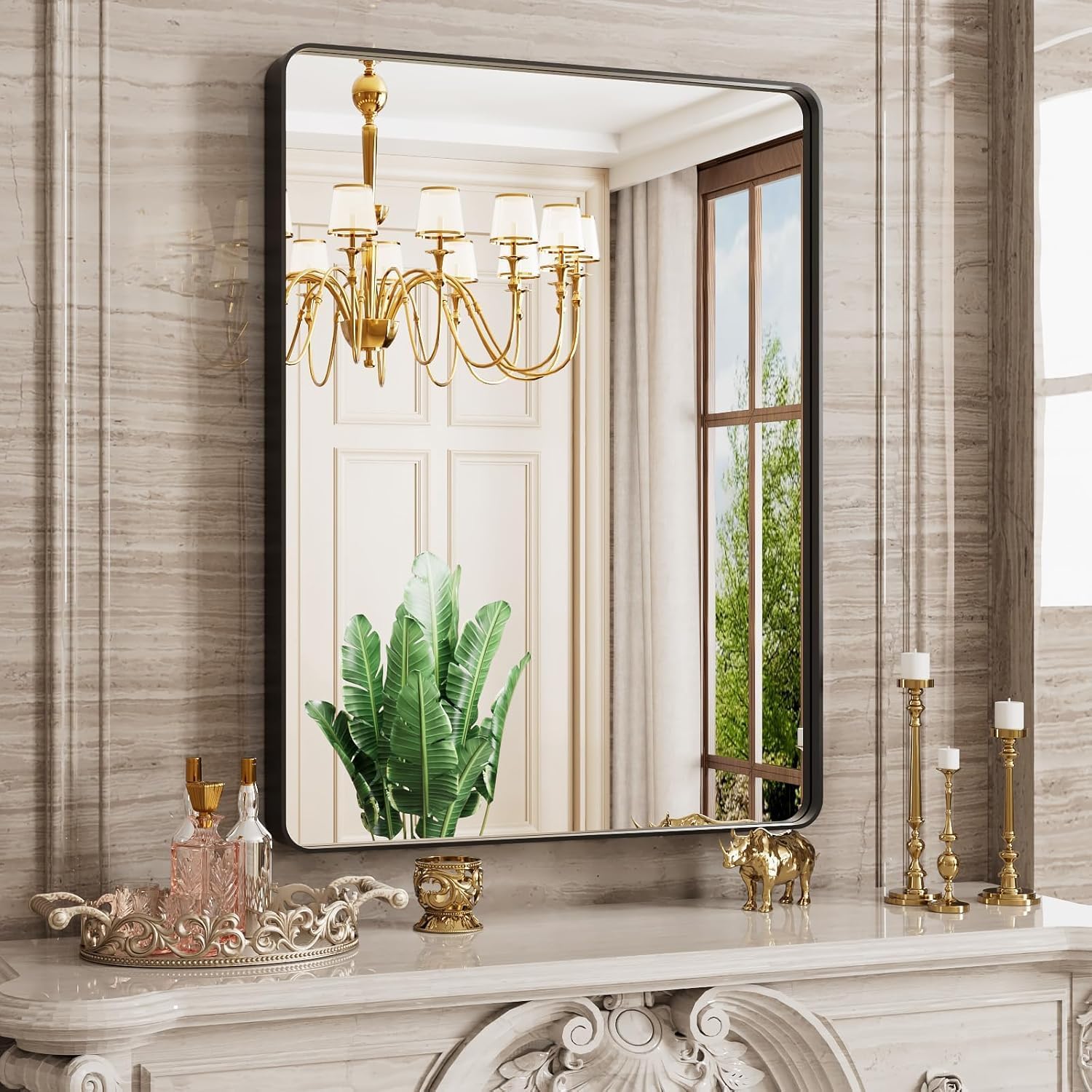 Black Bathroom Mirror, 24x32 Inch Thick Rectangle Metal Framed Wall Mirror, Mode...