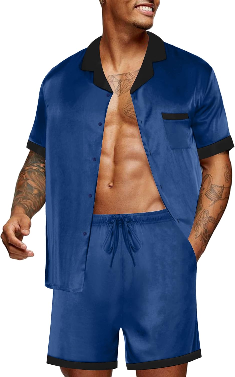 Ekouaer Men Satin Silk Pajamas Set with Pockets Sleepwear Shorts Satin Summer Lo...