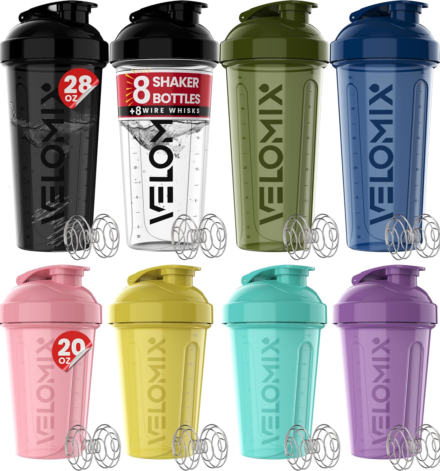 -8 PACK- Shaker Cups for Protein Shakes 28&20 OZ - 8x Wire Whisk | Leak Proof Pr...