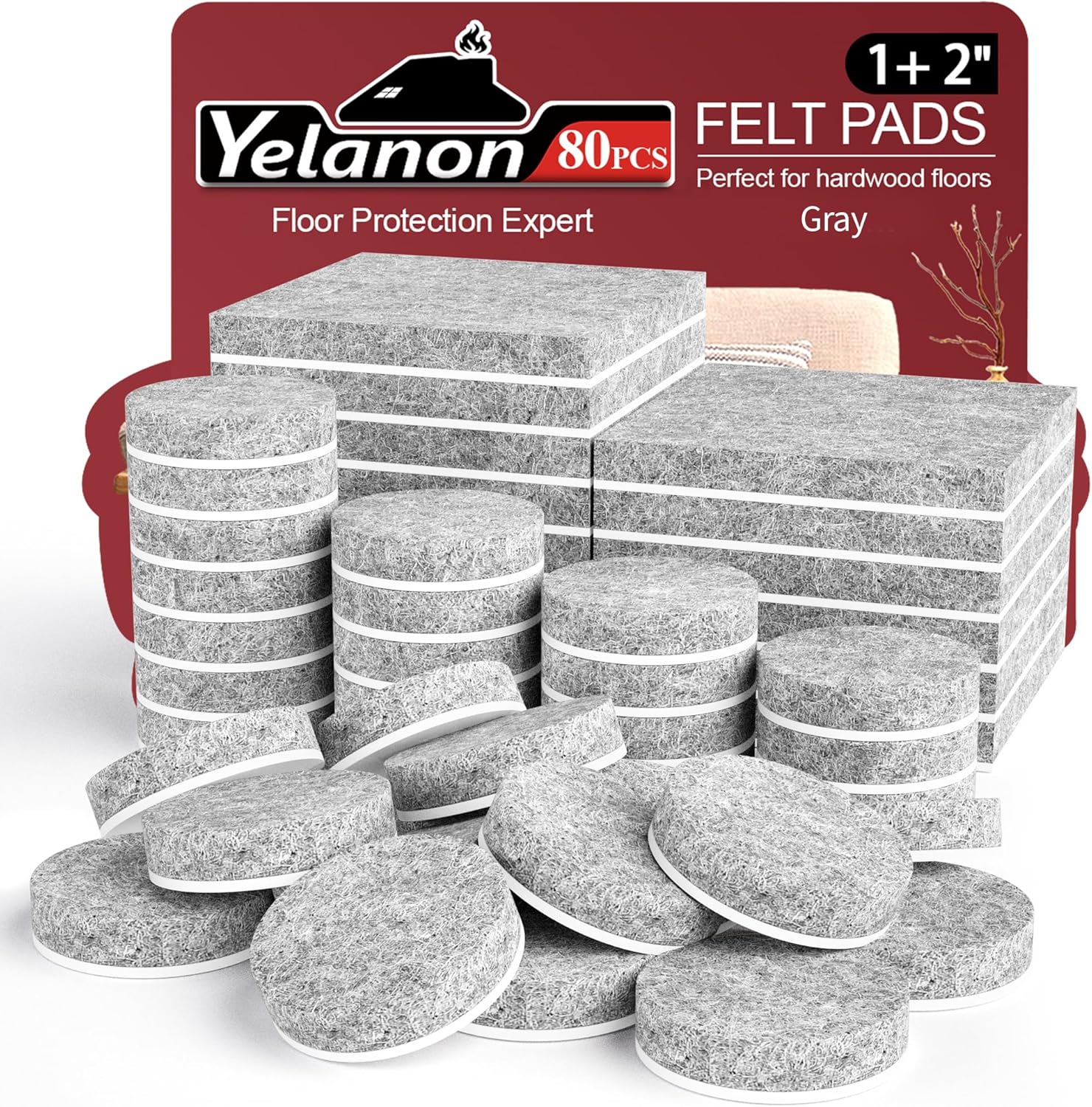 Yelanon Felt Furniture Pads - 80 Pcs Furniture Pads for Hardwoods Floors, Felt C...