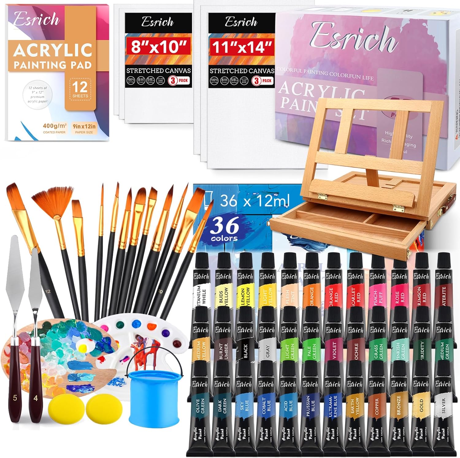 ESRICH Acrylic Paint Set,74 PCS Professional Paint Supplies with Paint Brushes,...