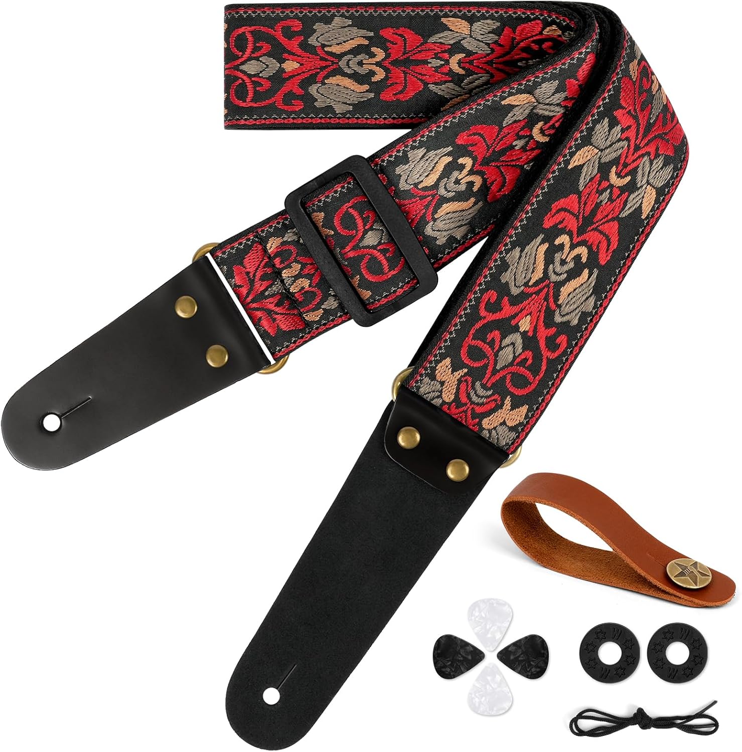 Aucuu 2" Vintage Embroidered Guitar Straps with Leather Ends and Strap Locks