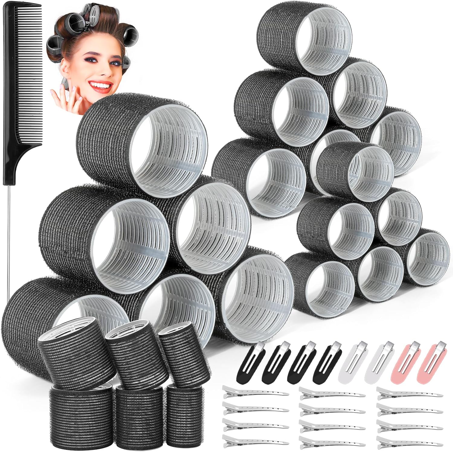 Thrilez 39PCS Hair Curlers Rollers with Clips Black Hair Roller with 3 Sizes 64m...