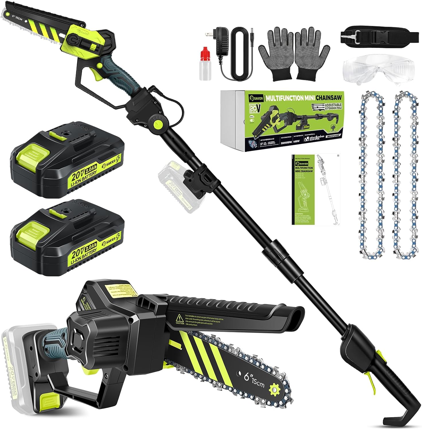 Saker Cordless Pole Saw and Mini Chainsaw, 2-in-1 Pole 6 Inch Chainsaw, Brushles...