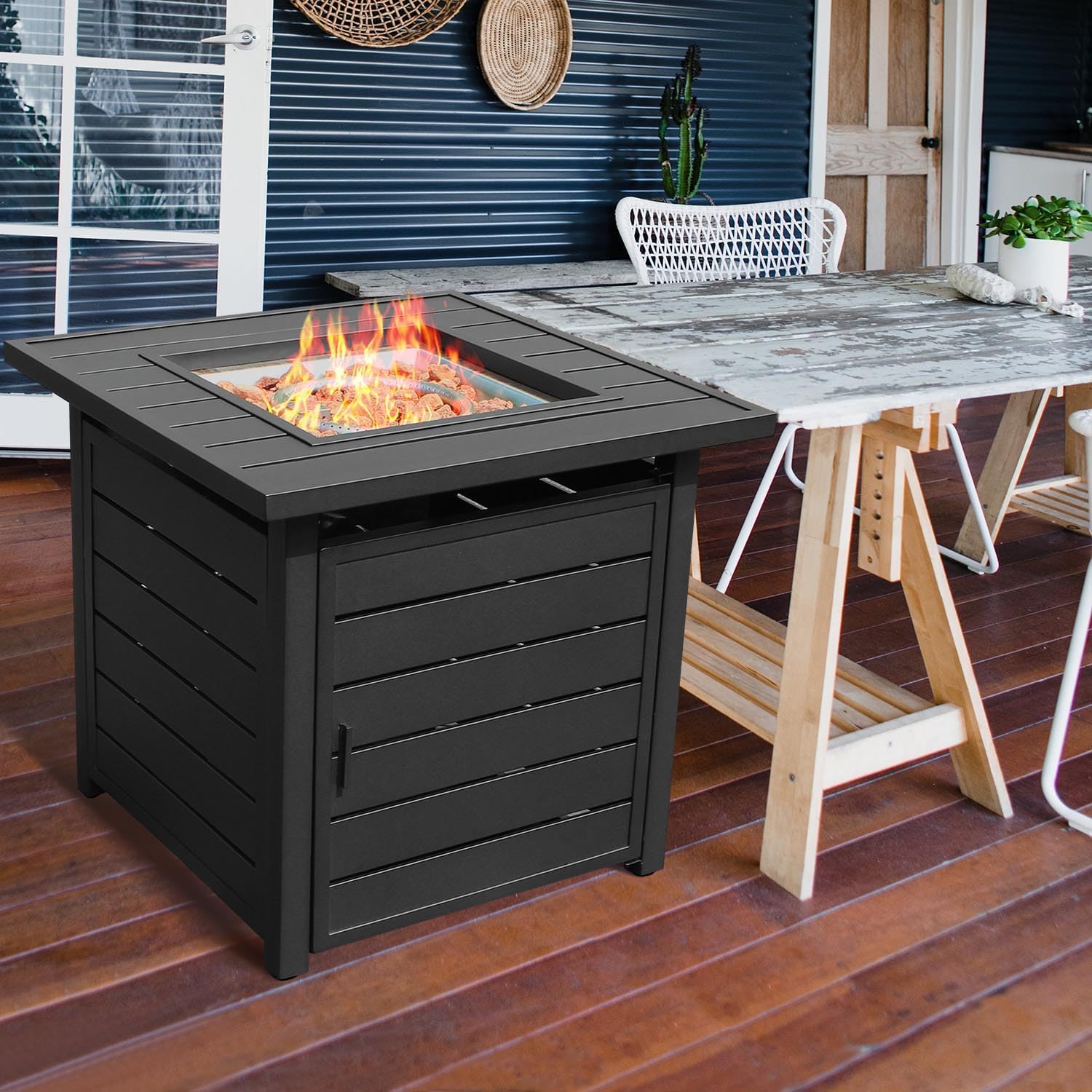 28 inch Propane Fire Pit Table, Outdoor Gas Fire Pits with Lid & Lava Rock, 5000...