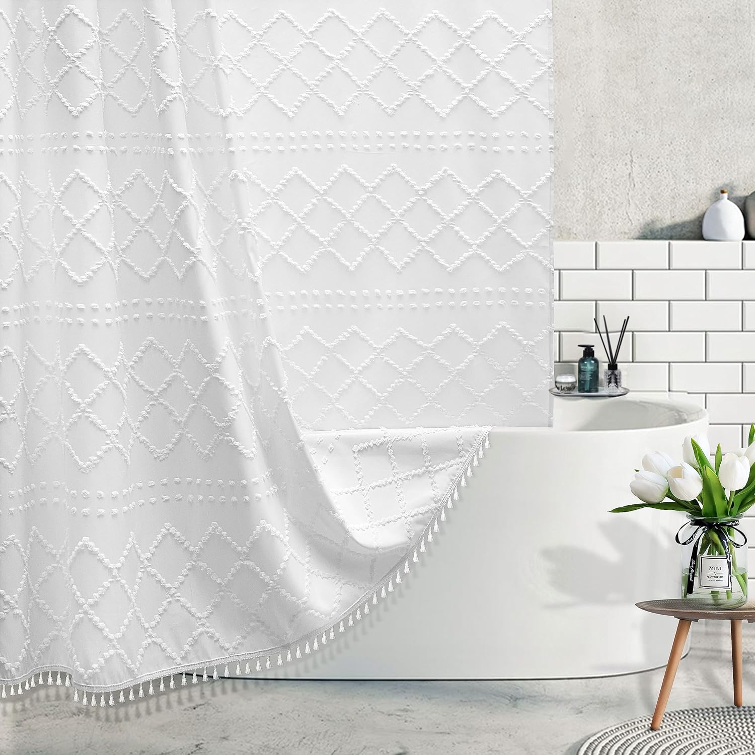 Boho White Woven Fabric Shower Curtain with Tassel 72 x 72 Modern Farmhouse Mini...