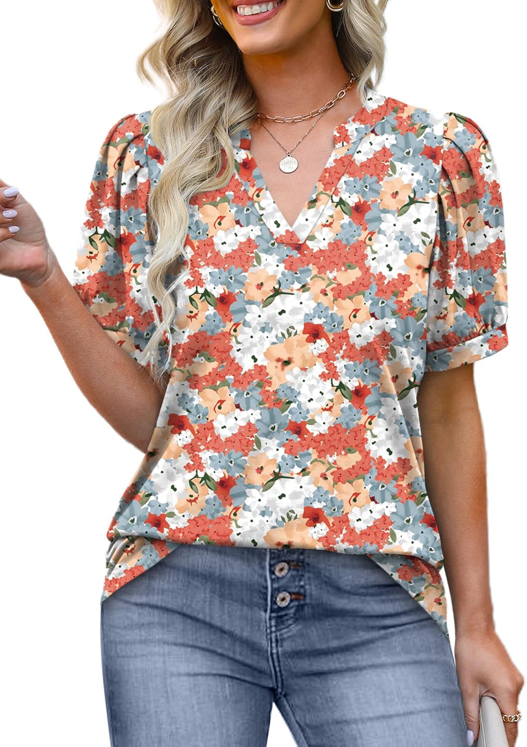 OFEEFAN Women's Pleated Puff Sleeve Tops Summer V Neck Tunic Shirts Loose Curved...