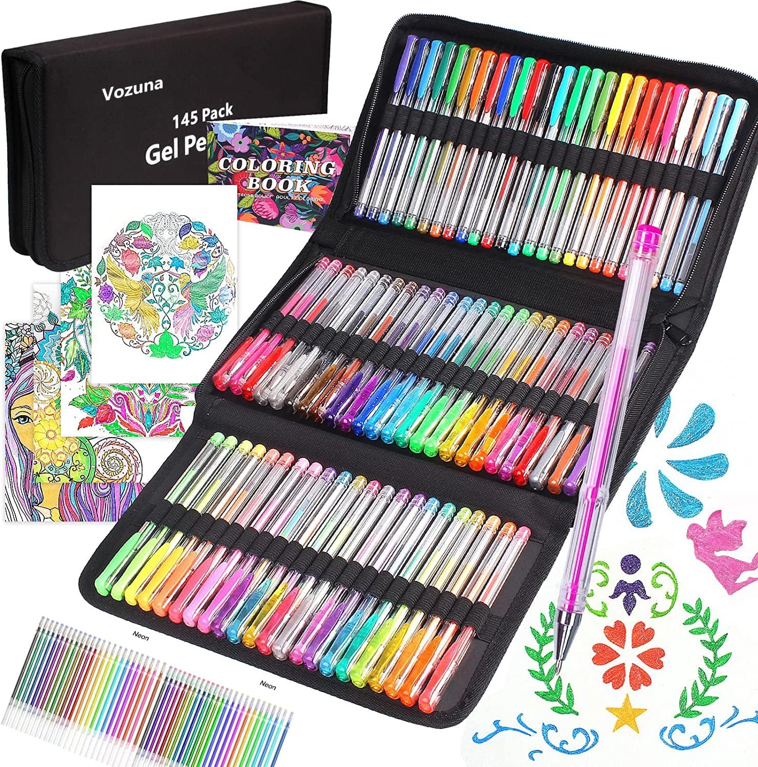 Vozuna 145 Pack Glitter Gel Pens Set 72 Unique Colours & 72 Refills with 1 Colou...