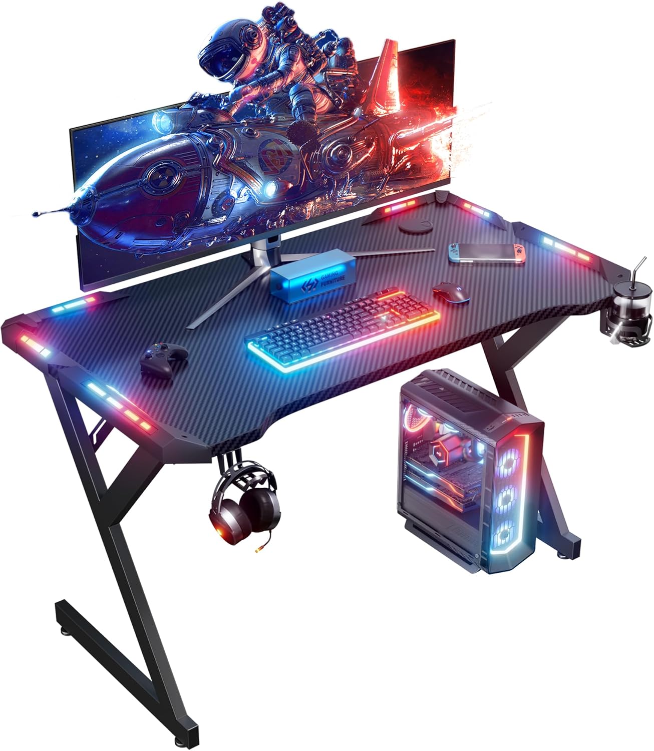 HLDIRECT 40 INCH Gaming Desk with LED Lights, Home Office Gamer Desk, Ergonomic...