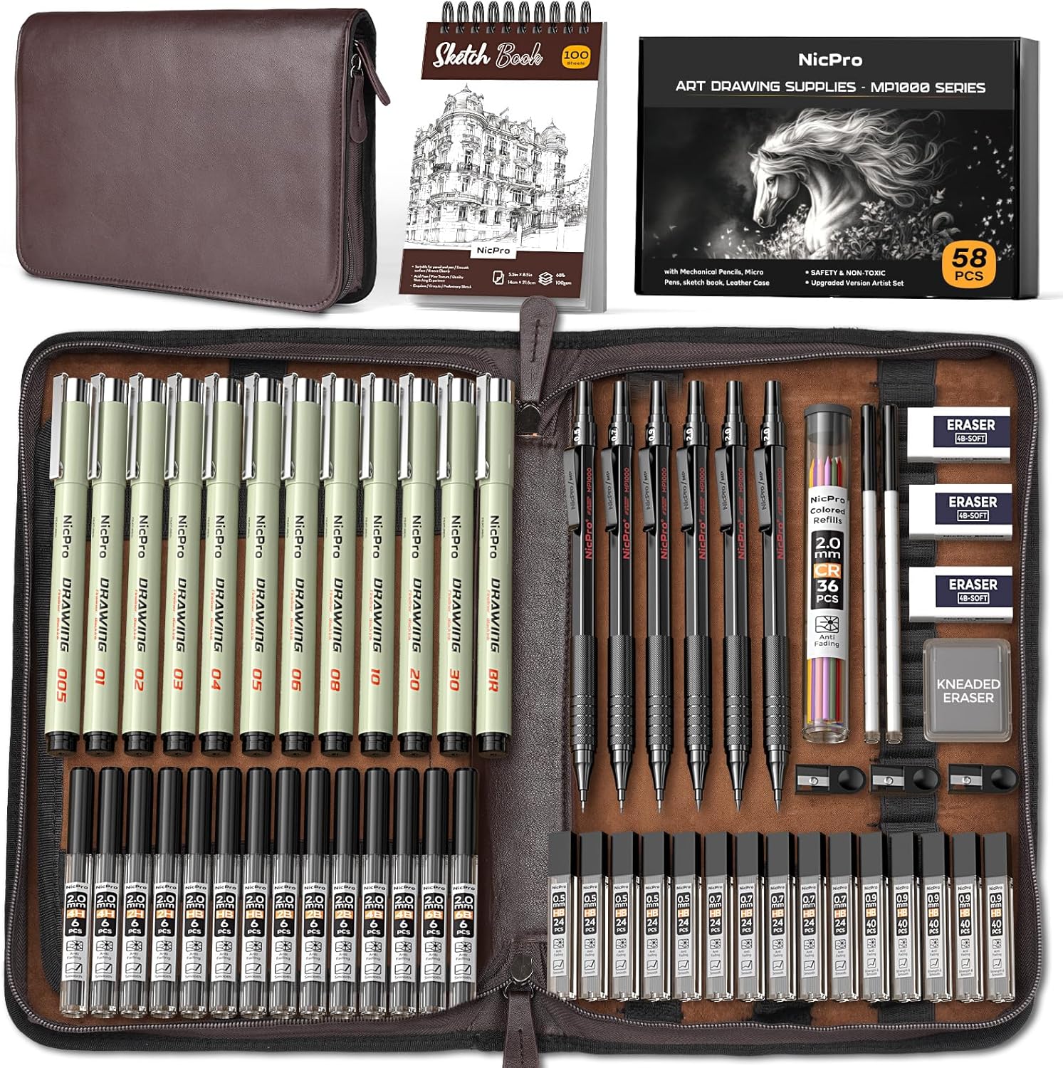 Nicpro 58PCS Art Drawing Supplies Kit in Leather Case, MP1000 Black Metal Mechan...