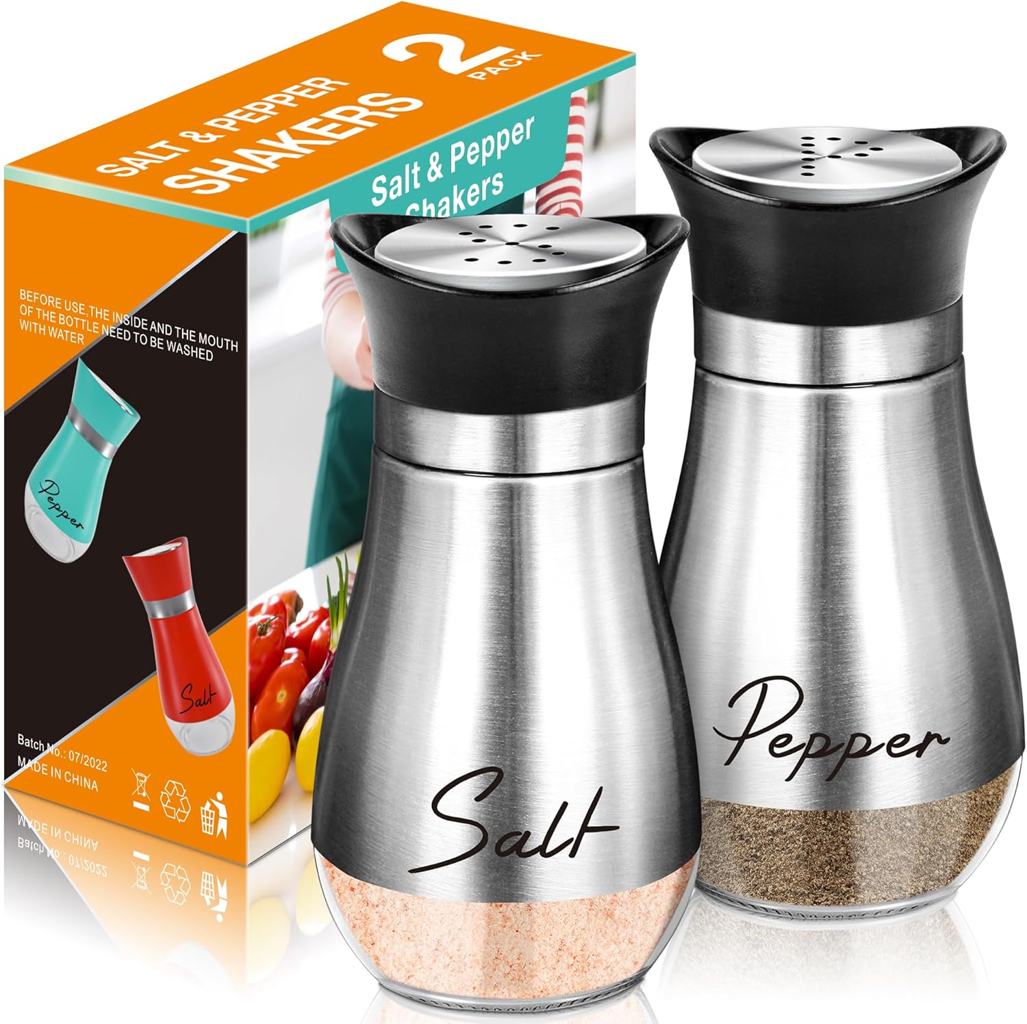 Salt and Pepper Shakers Set,4 oz Glass Bottom Salt Pepper Shaker with Stainless...