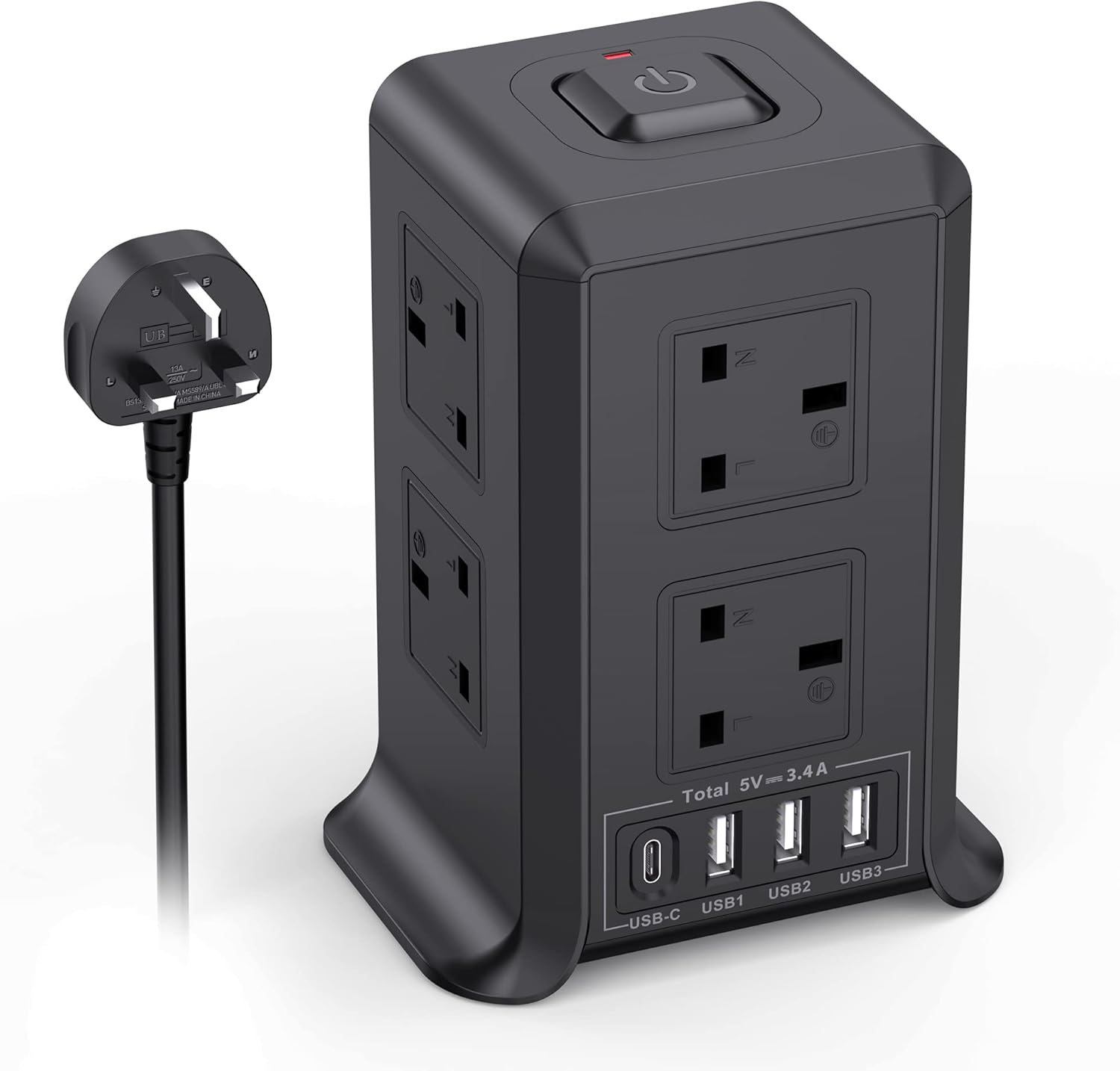 Tower Extension Lead with 4 USB Slots, 5M Extension Lead with 8 Way Plug Extensi...