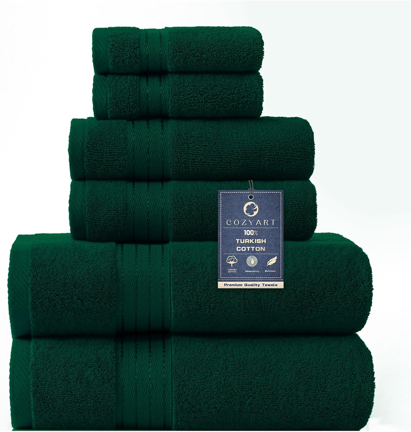 COZYART Dark Green Bath Towel Set 6Pcs, Turkish Cotton Hotel Soft Absorbent Thic...