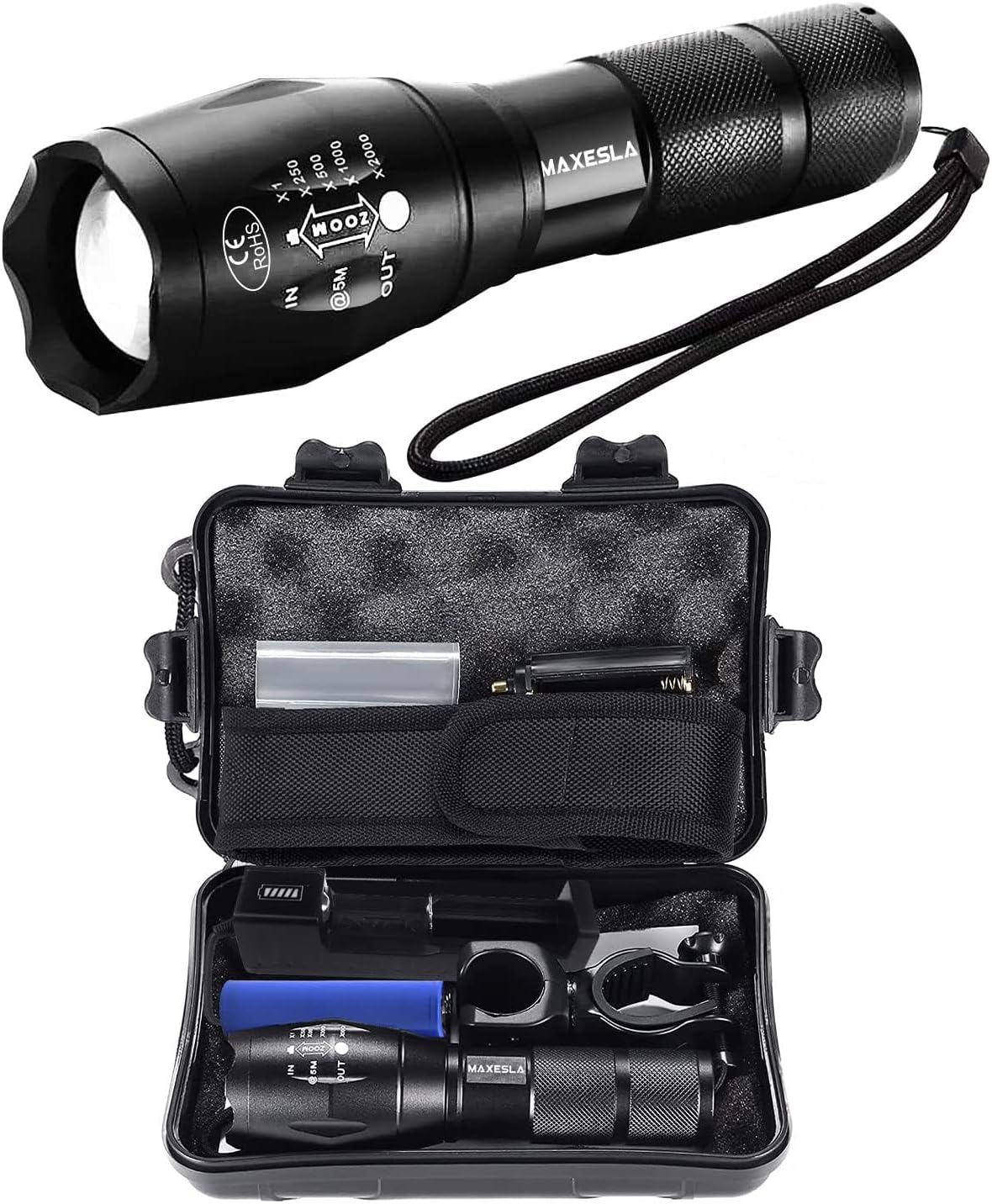 Maxesla Rechargeable LED Torch Set 6000 Lumen, IP65 Waterproof, 5 Modes, Zoomabl...